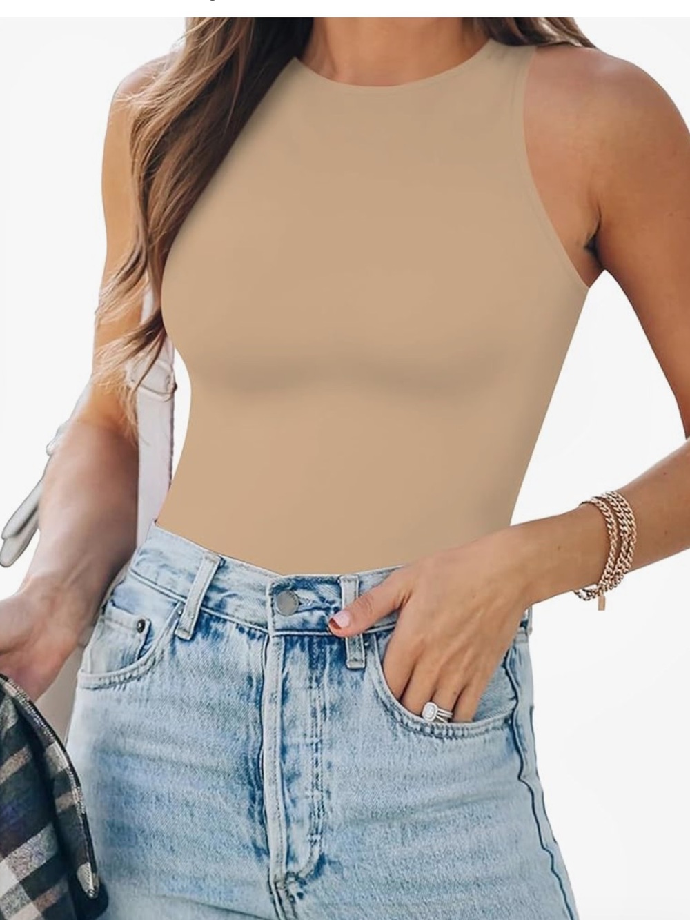Sleeveless High-Neck Bodysuit in Beige
